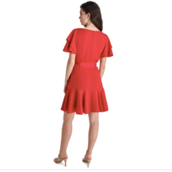 Dkny Petite Satin Flutter-Sleeve Tiered Dress - Red - Picture 4 of 4